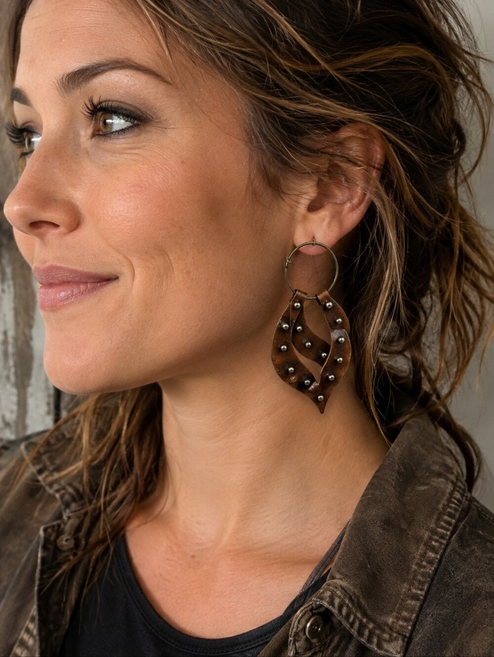 Vintage-Inspired Rustic Leather Teardrop Hoop Earrings
